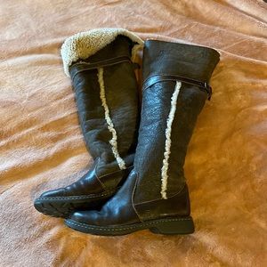 Born cognac leather/shearling lined boots, over the knee/ folds to knee